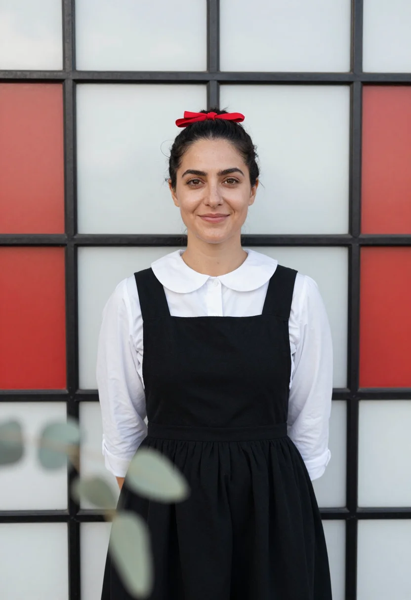 AI ray eames pacific palisades pinafore black sample — portrait of a woman, framed tight, head and shoulders, the b