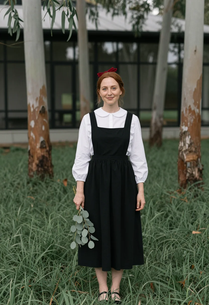 AI ray eames pacific palisades pinafore black sample — portrait of a woman, framed half-length, cropped at the hips
