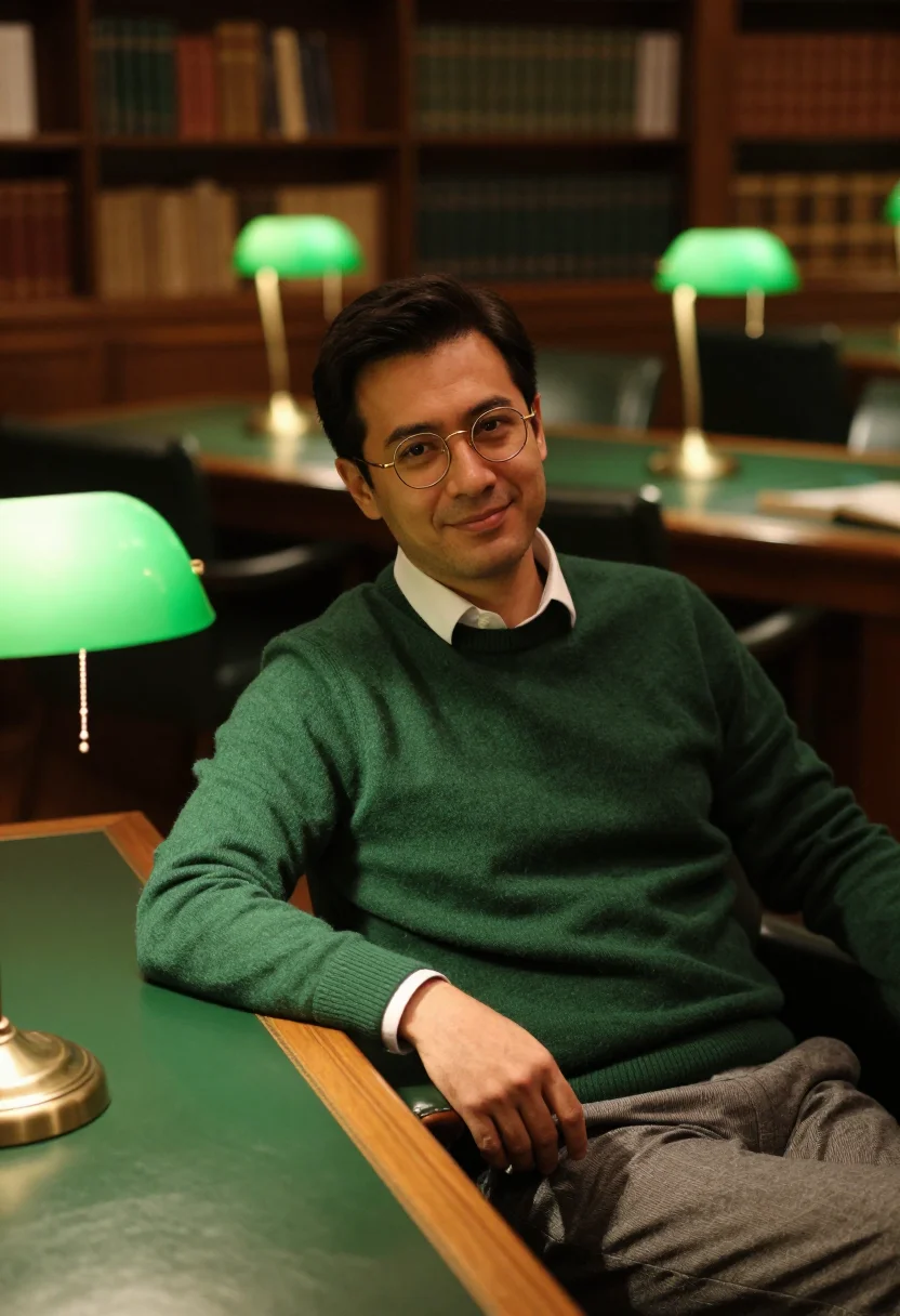 AI reading room green leather sample — portrait of a man, framed half-length from the head to the w