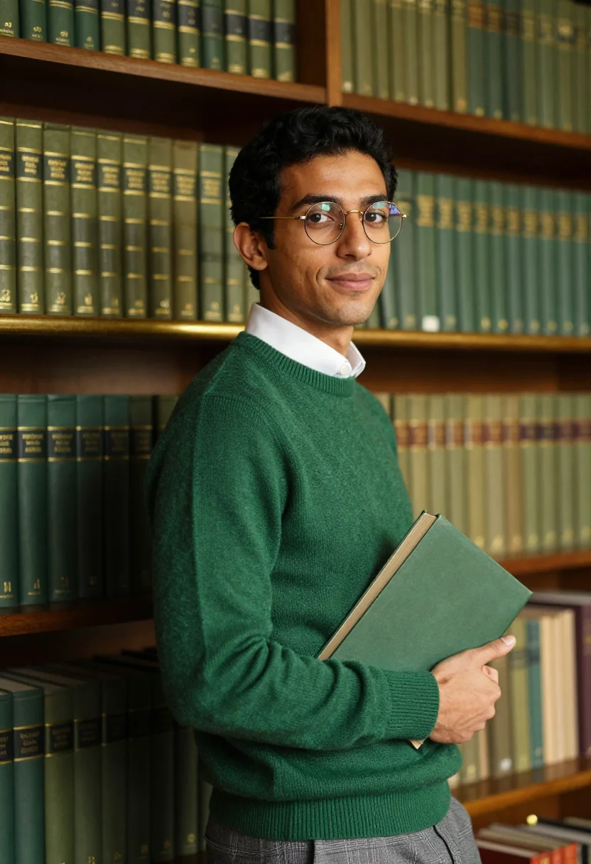 AI reading room green leather sample — portrait of a man, framed chest-up, cropped at the ribs, the