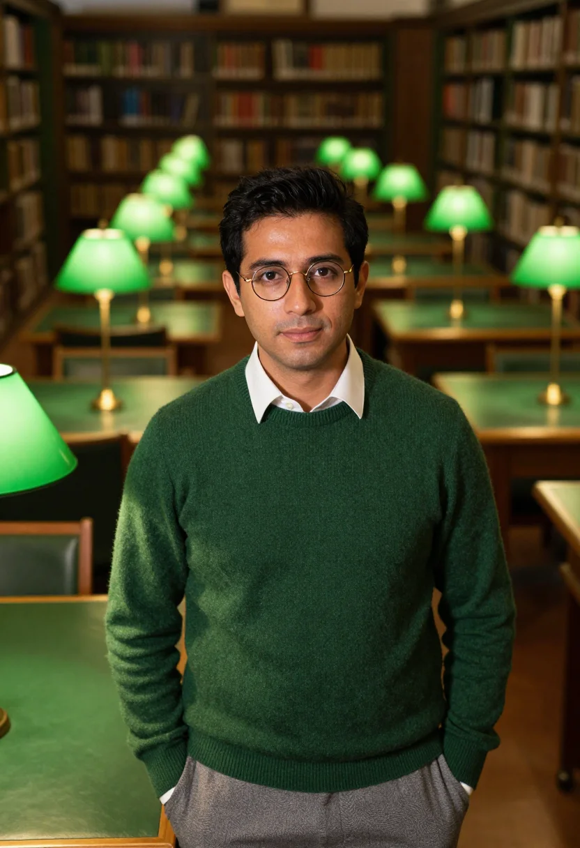 AI reading room green leather sample — portrait of a man, framed tight, head and shoulders, the bod