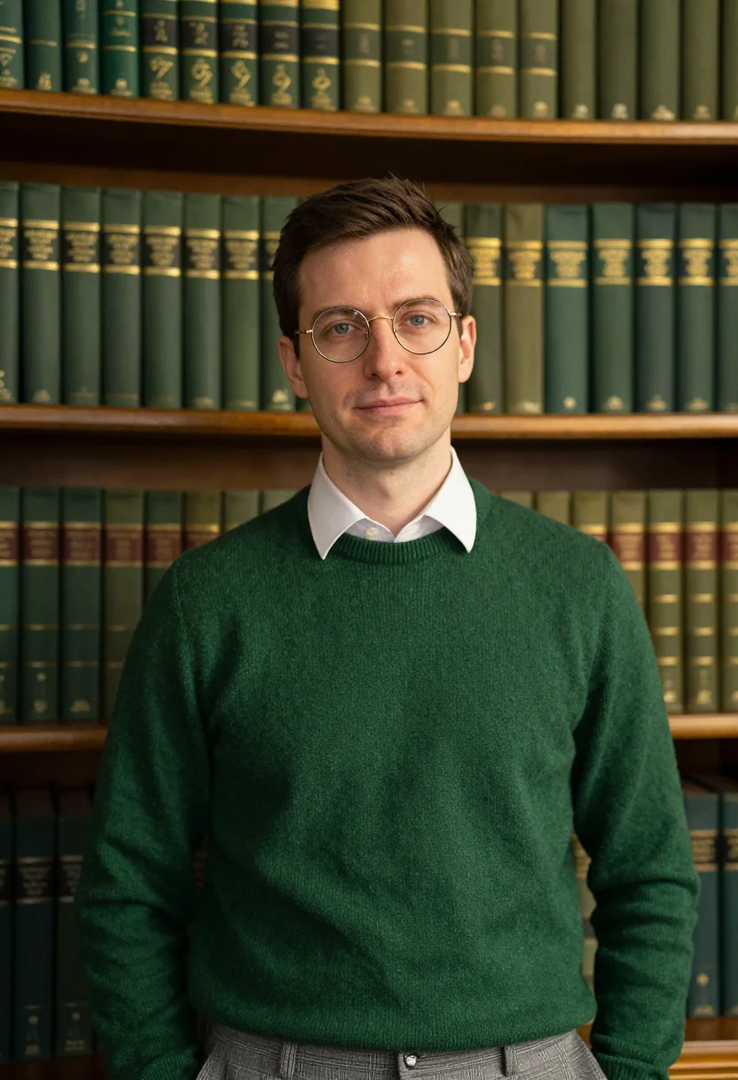 AI reading room green leather sample — portrait of a man, framed tight, head and shoulders, the bod