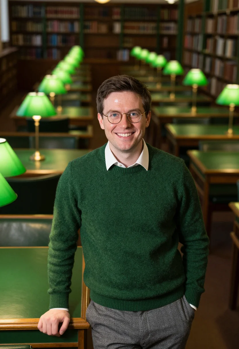 AI reading room green leather sample — portrait of a man, framed chest-up, cropped at the ribs, the