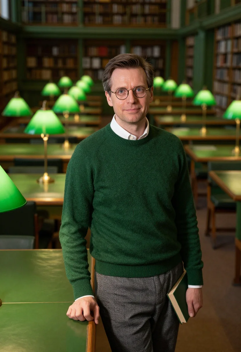 AI reading room green leather sample — portrait of a man, framed half-length from the head to the h
