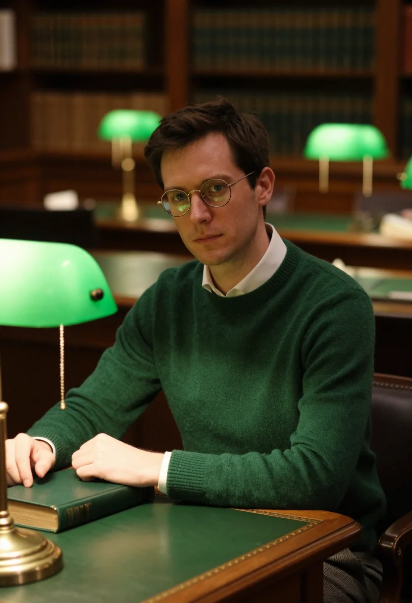 AI reading room green leather sample — portrait of a man, framed chest-up, cropped at the ribs, the