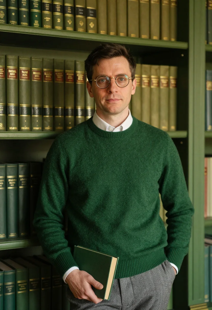 AI reading room green leather sample — portrait of a man, framed half-length from the head to the h