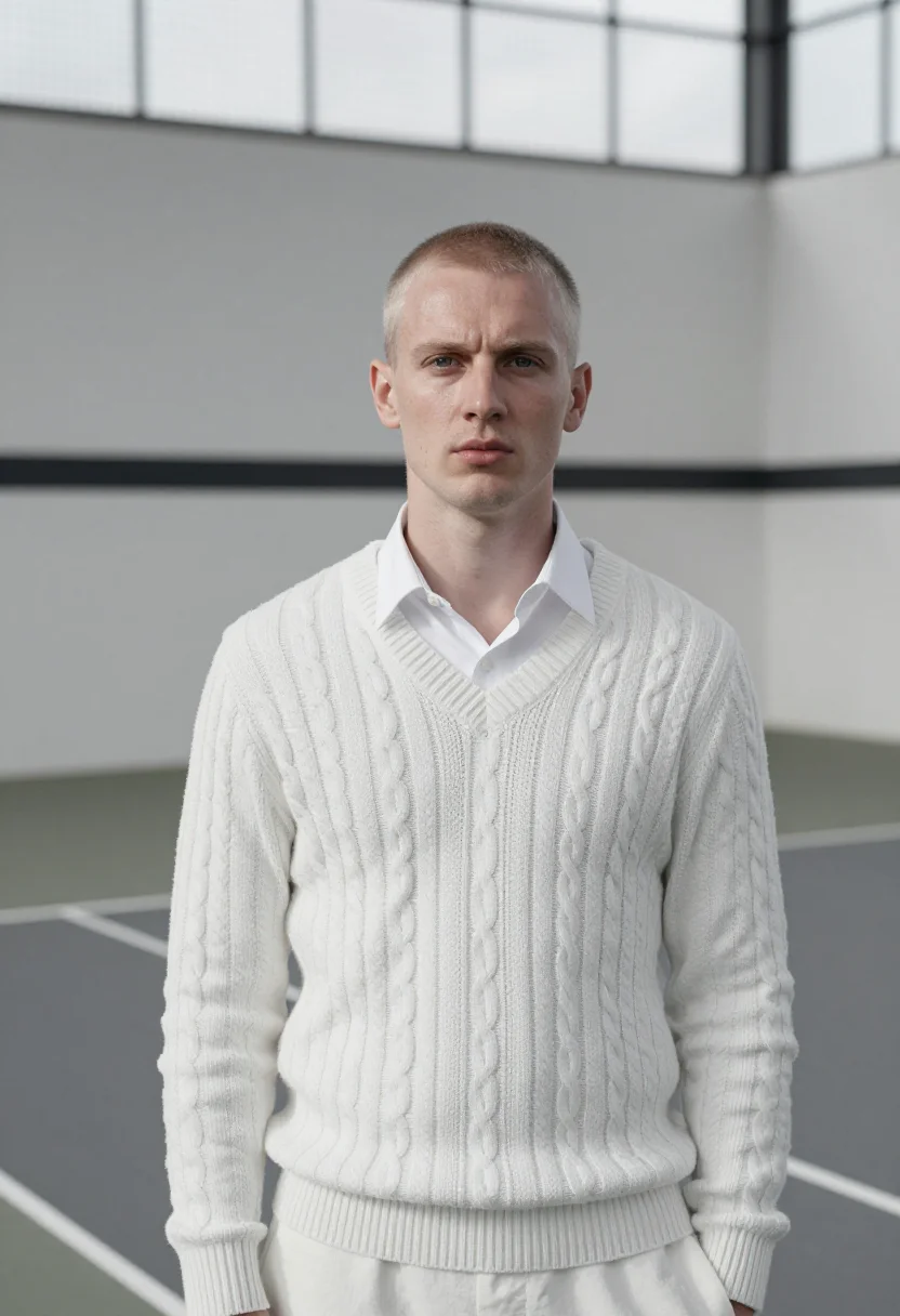 AI real tennis whites sample — portrait of a man, framed chest-up, cropped at the ribs, the