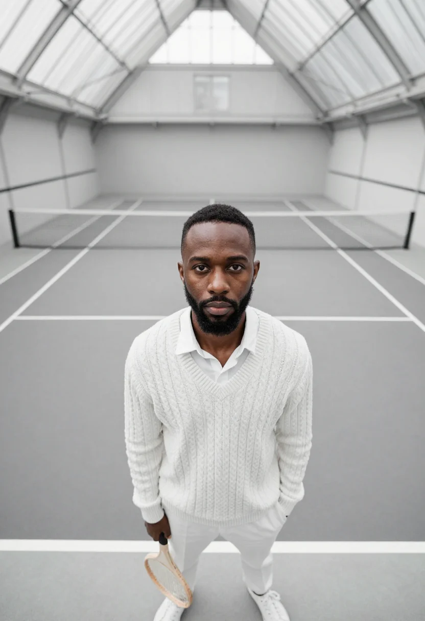 AI real tennis whites sample — portrait of a man, framed tight, head and shoulders, the bod