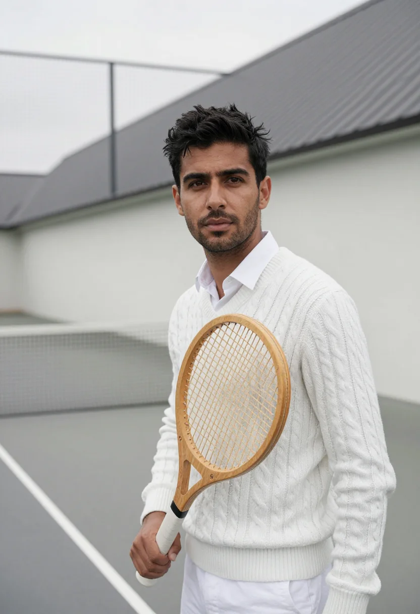 AI real tennis whites sample — portrait of a man, framed tight, head and shoulders, the bod