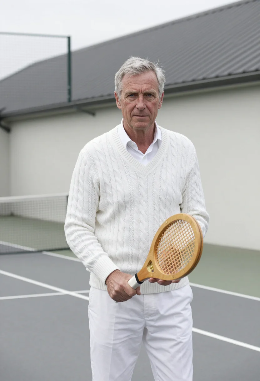 AI real tennis whites sample — portrait of a man, framed half-length from the head to the h