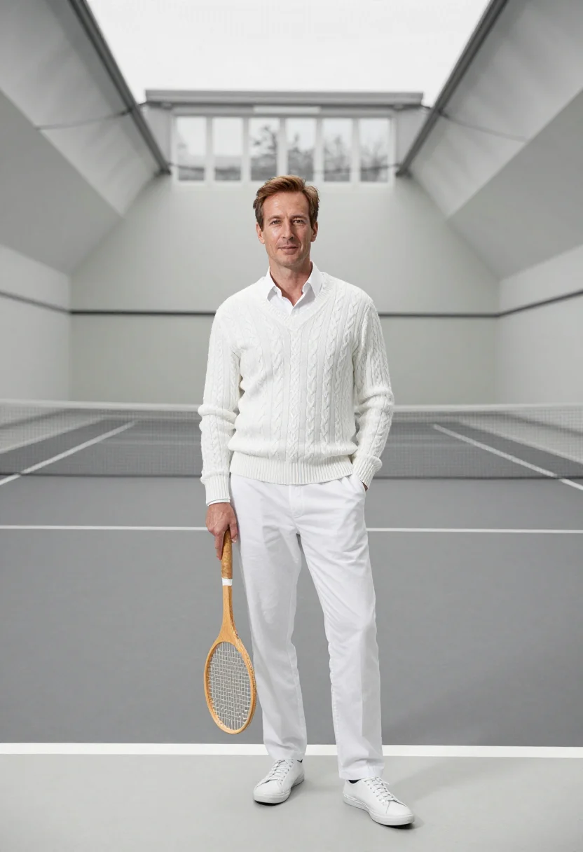 AI real tennis whites sample — portrait of a man, framed full-length from the head to the w