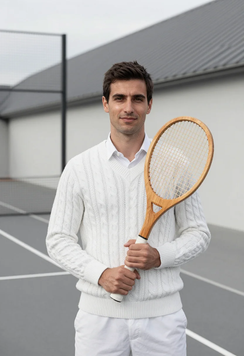 AI real tennis whites sample — portrait of a man, framed chest-up, cropped at the ribs, the