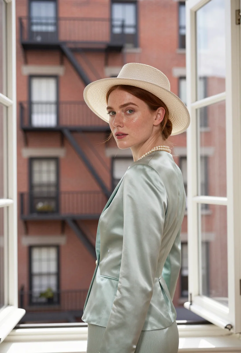 AI rear window greenwich village eau de nil sample — portrait of a woman, a fashion editor in her late twenties o
