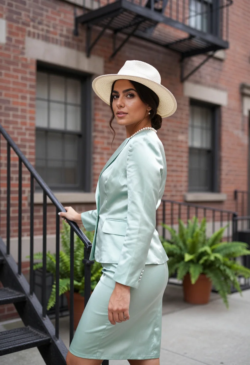 AI rear window greenwich village eau de nil sample — portrait of a woman, a fashion editor in her early thirties