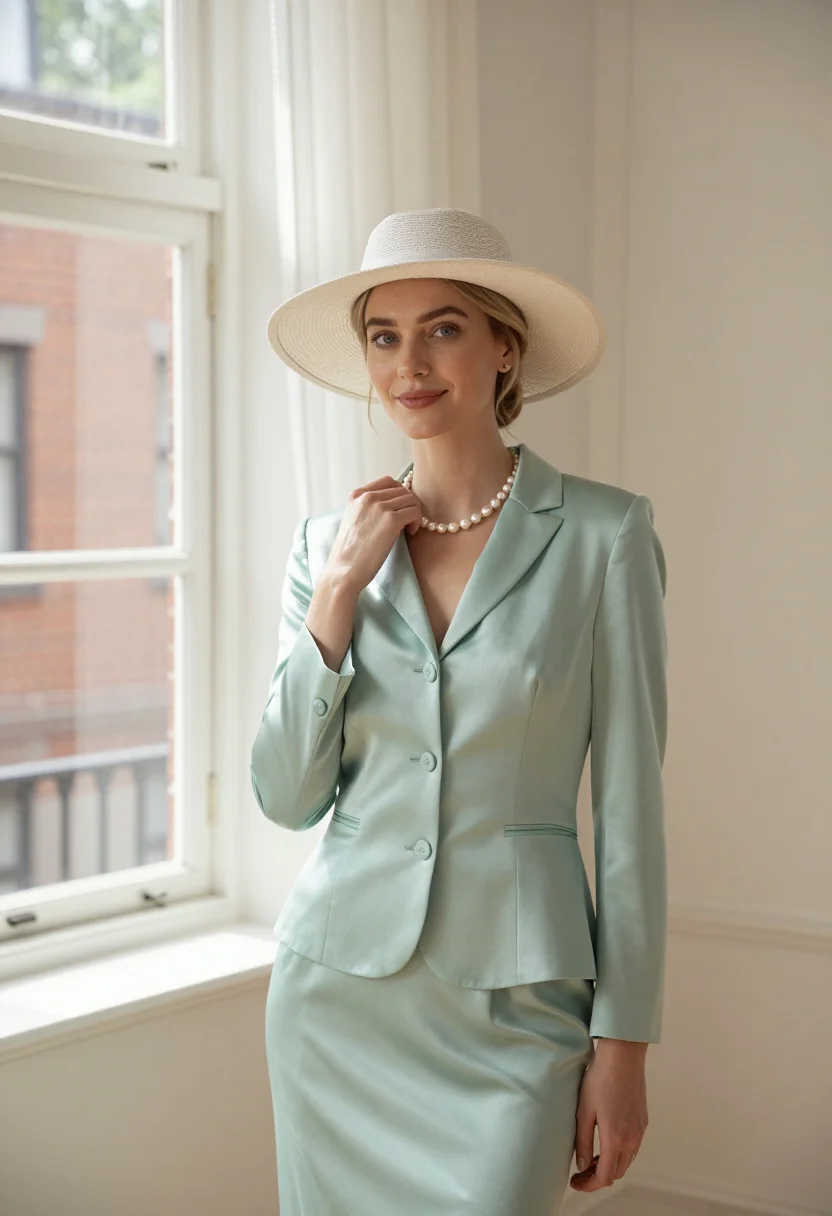 AI rear window greenwich village eau de nil sample — portrait of a woman, a fashion editor in her early thirties