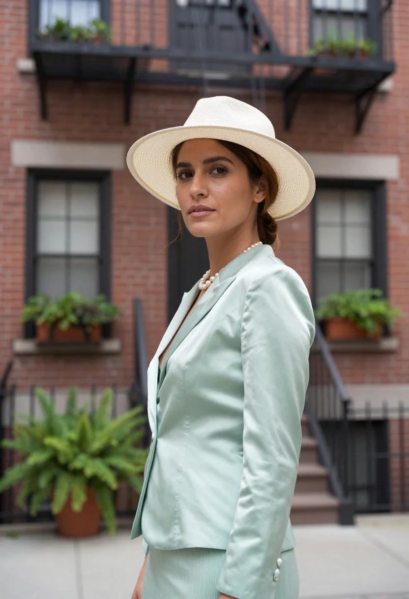 AI rear window greenwich village eau de nil sample — portrait of a woman, a fashion editor in her early thirties