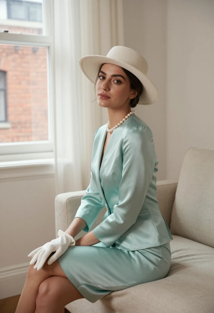 AI rear window greenwich village eau de nil sample — portrait of a woman, a fashion editor in her early thirties