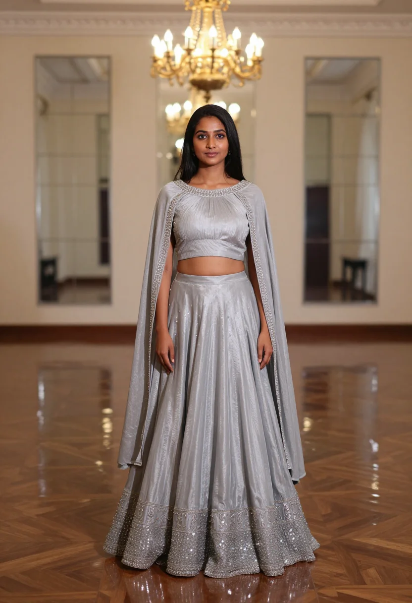 AI reception lehenga sample — portrait of a woman, three-quarter-length portrait of a youn