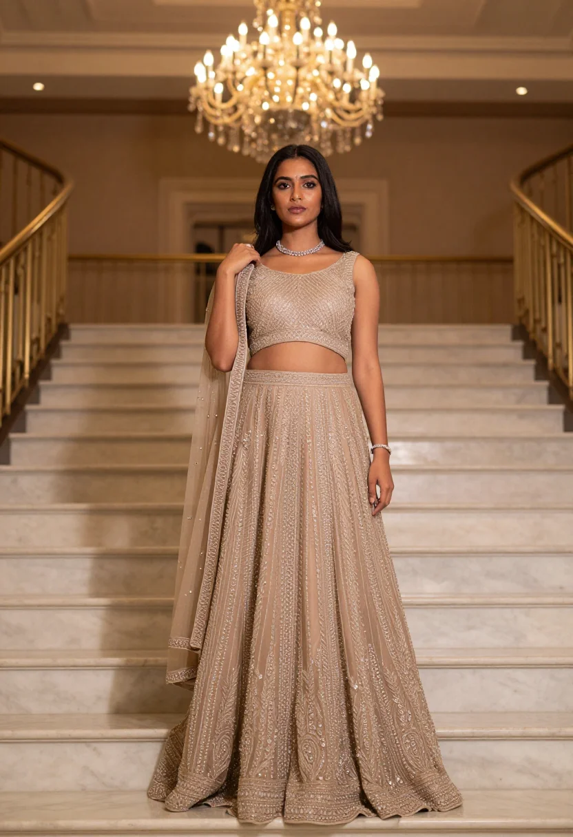 AI reception lehenga sample — portrait of a woman, half-length portrait of a young Indian