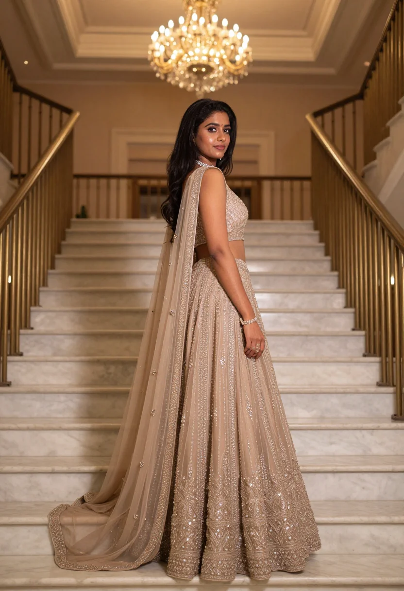 AI reception lehenga sample — portrait of a woman, three-quarter-length portrait of a youn
