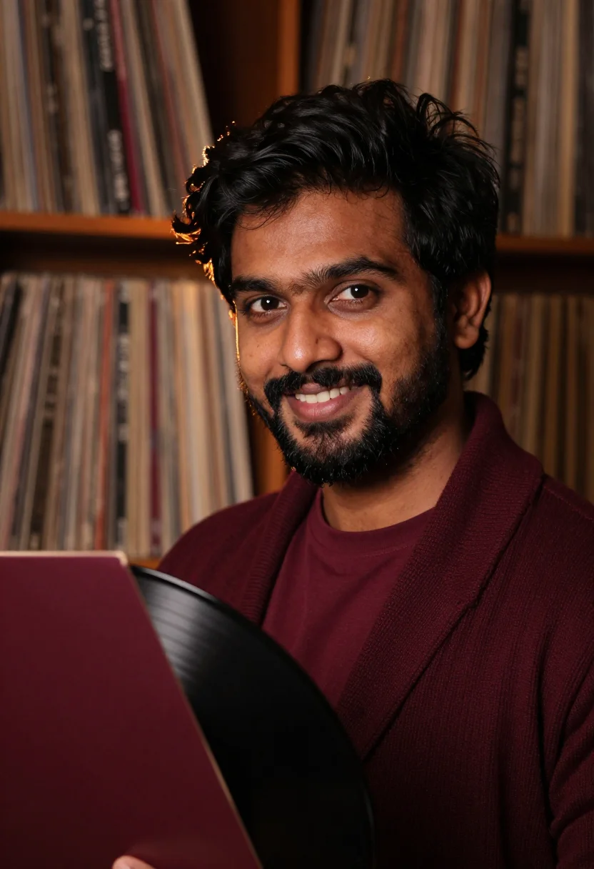 AI record player burgundy sample — portrait of a man, framed tight on the head, the body close