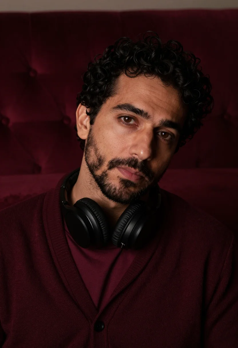 AI record player burgundy sample — portrait of a man, framed tight on the head, the body close