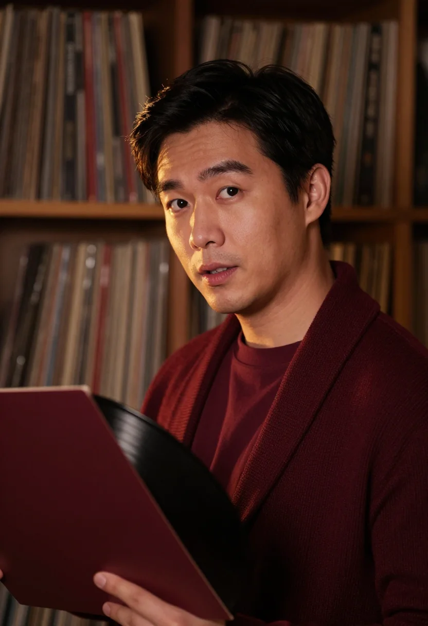 AI record player burgundy sample — portrait of a man, framed head and shoulders, tighter, the b