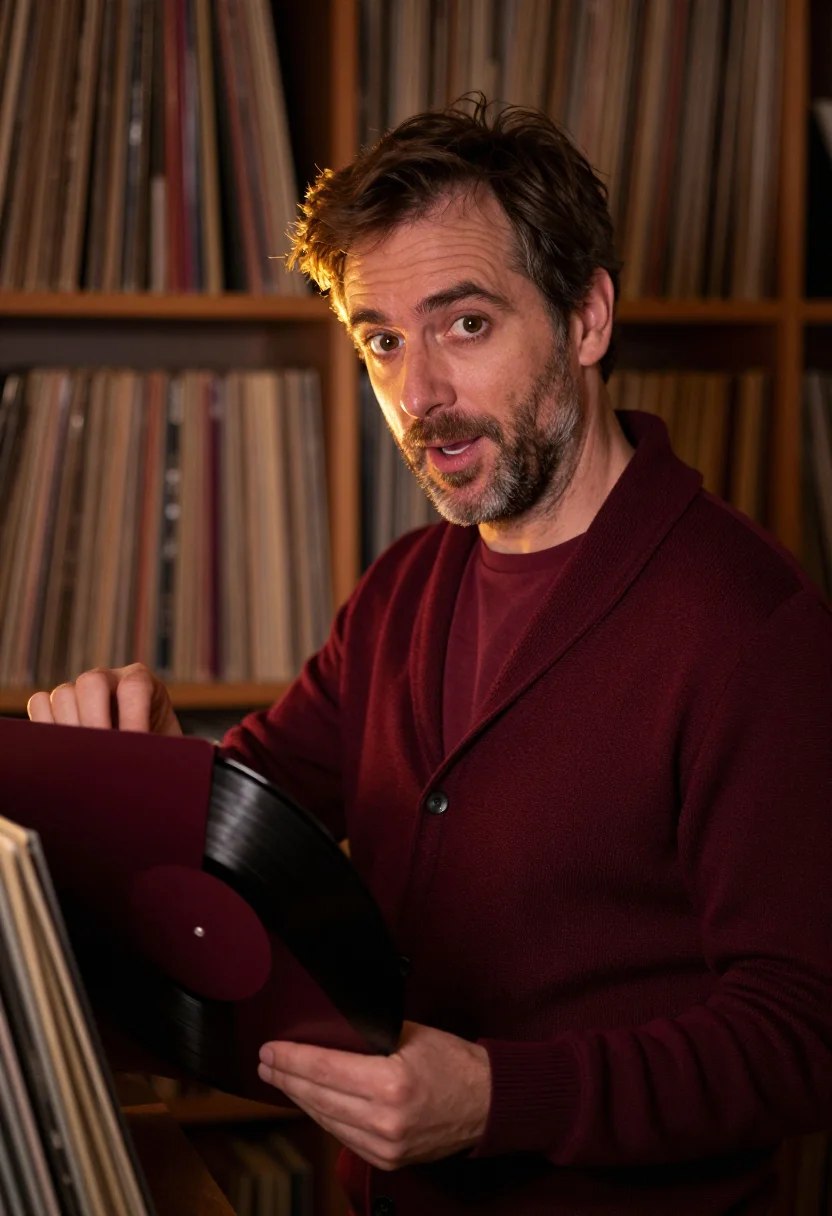 AI record player burgundy sample — portrait of a man, framed chest-up from the ribs with the bo