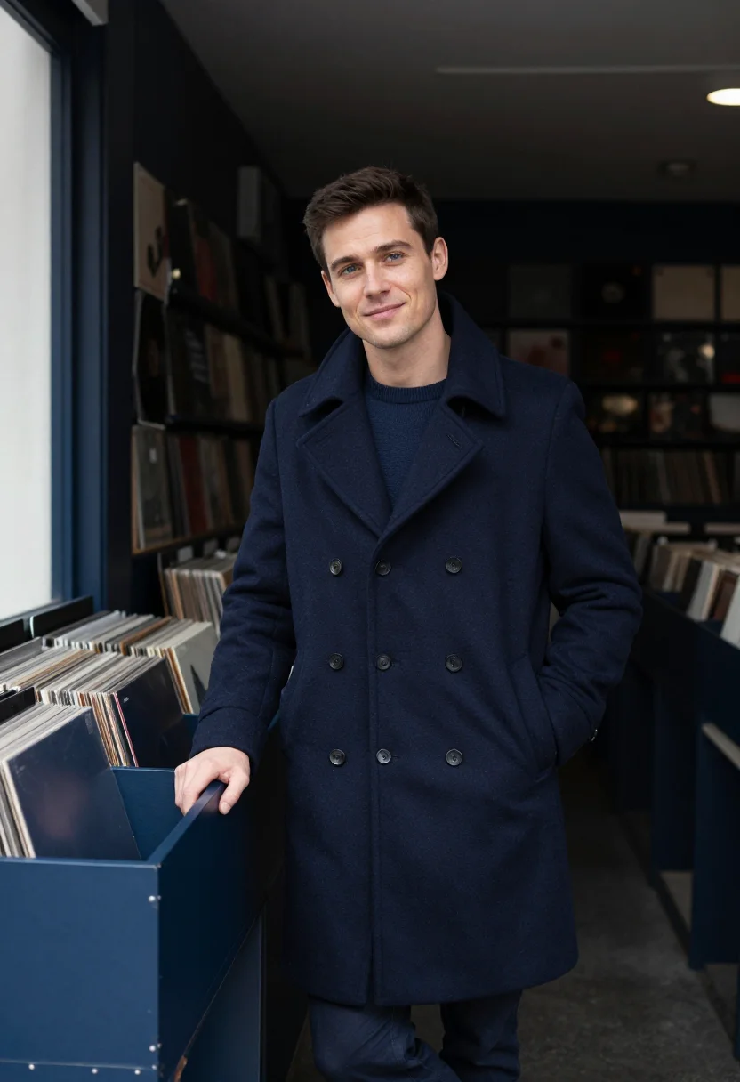 AI record shop navy sample — portrait of a man, three-quarter-length portrait of a man in