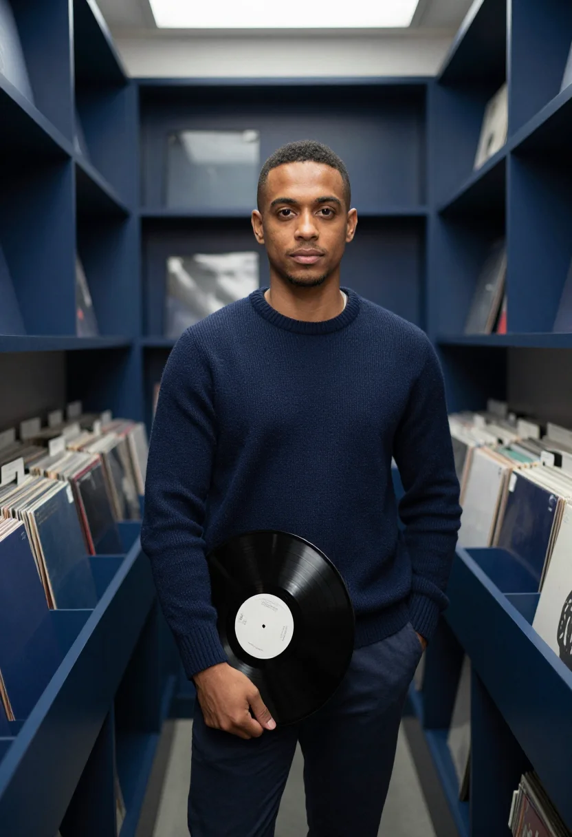 AI record shop navy sample — portrait of a man, three-quarter-length portrait of a man in