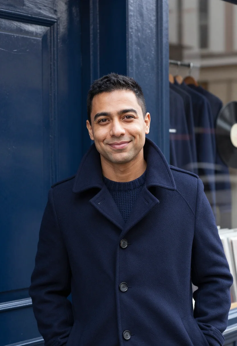 AI record shop navy sample — portrait of a man, chest-up portrait of a man in his late th