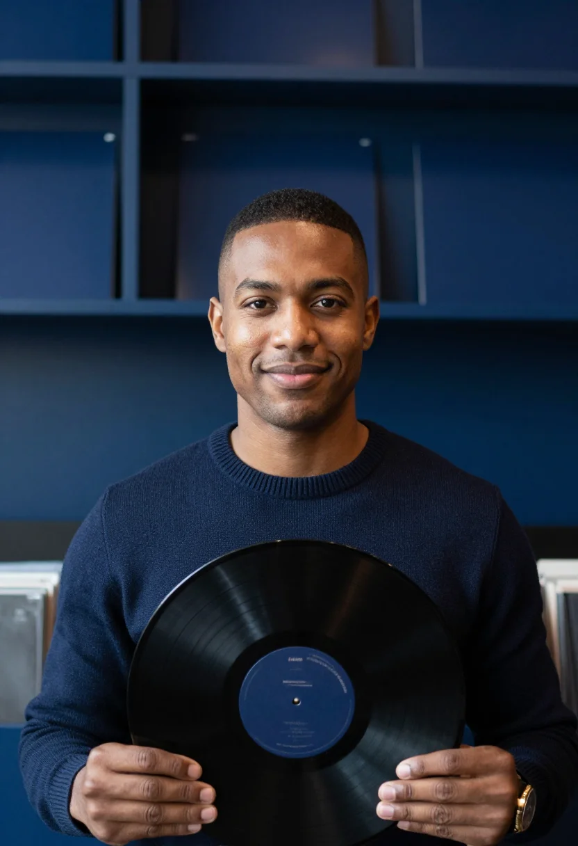 AI record shop navy sample — portrait of a man, chest-up portrait of a man in his early t