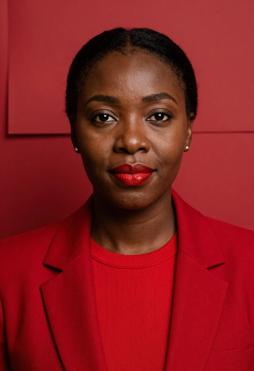AI red blazer headshot sample — portrait of a woman, close headshot portrait of a West-Afric