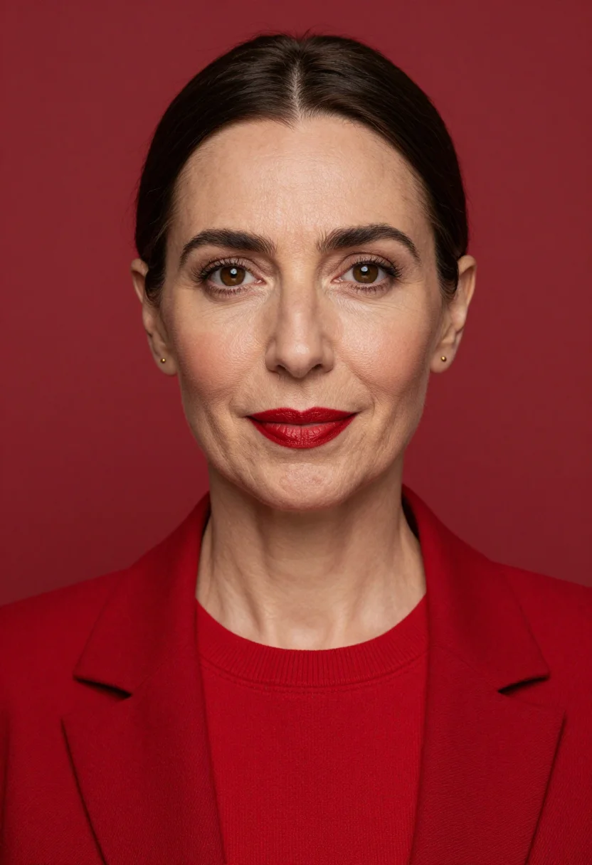 AI red blazer headshot sample — portrait of a woman, very tight headshot portrait of a South