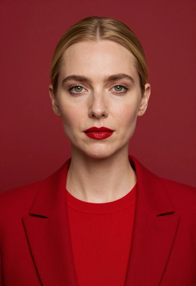 AI red blazer headshot sample — portrait of a woman, chest-up portrait of a Western-European
