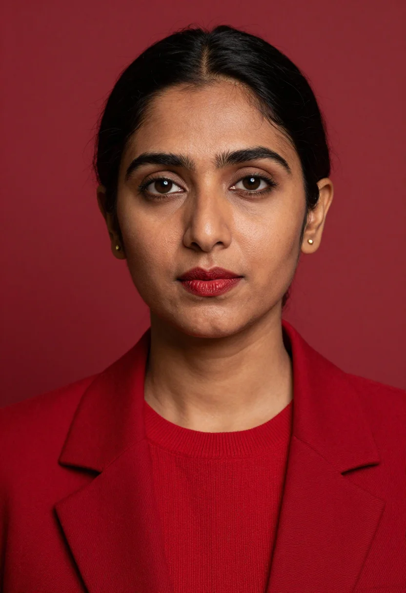AI red blazer headshot sample — portrait of a woman, tight headshot portrait of a South-Asia