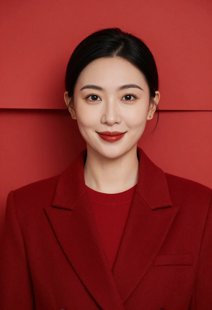 AI red blazer headshot sample — portrait of a woman, head-and-shoulders portrait of an East-