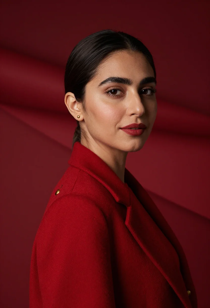 AI red blazer headshot sample — portrait of a woman, close headshot portrait of a Middle-Eas