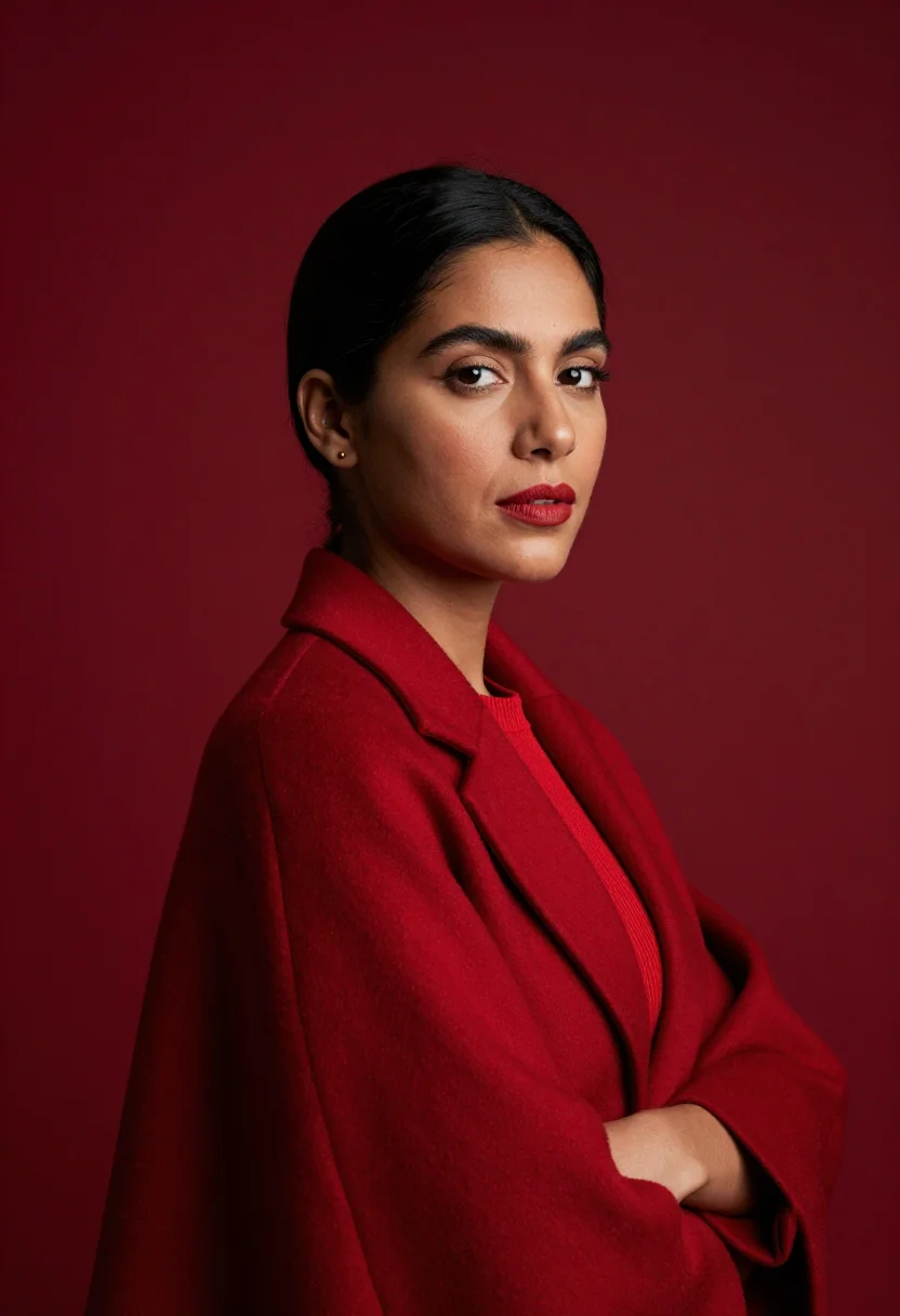 AI red blazer headshot sample — portrait of a woman, chest-up portrait of a Latina woman in