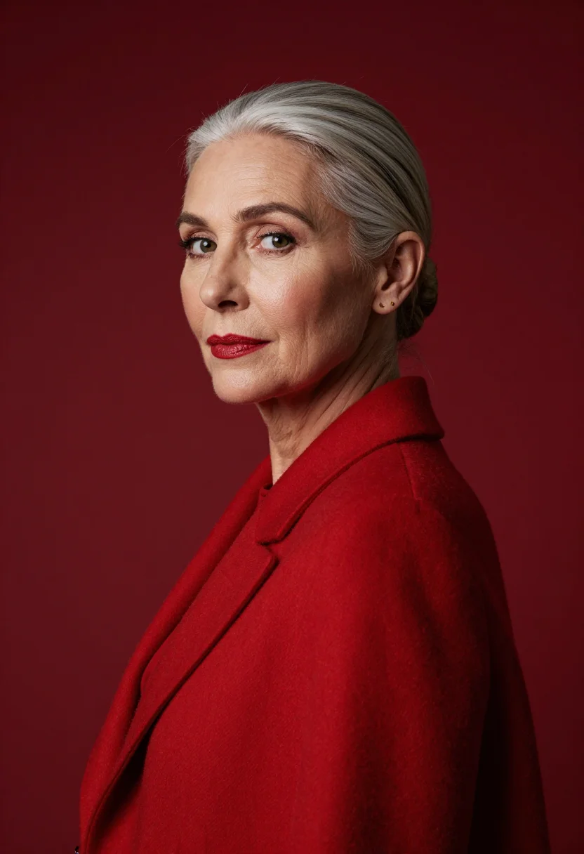 AI red blazer headshot sample — portrait of a woman, head-and-shoulders portrait of a Wester