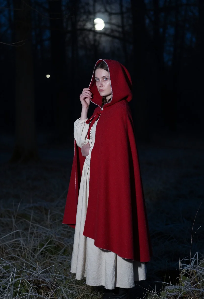 AI red riding hood sample — portrait of a woman, portrait from mid-chest up of a Western