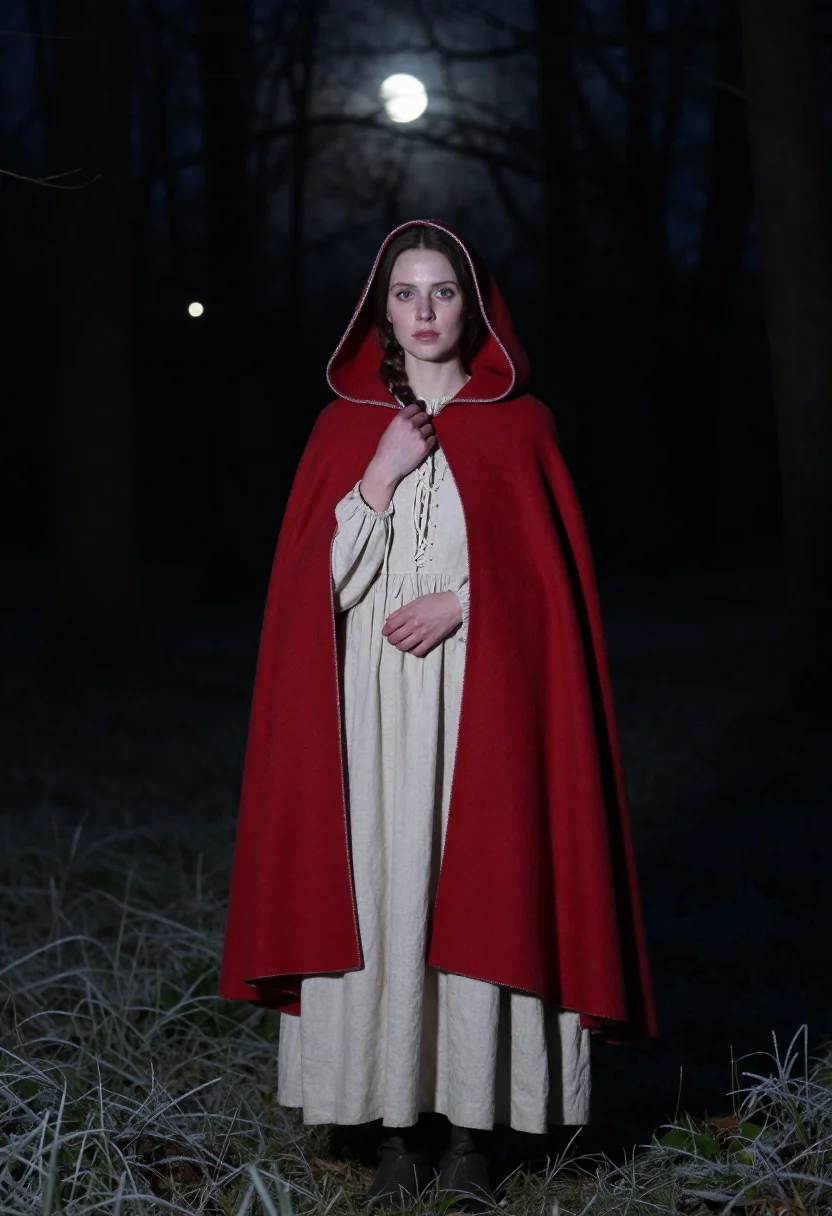AI red riding hood sample — portrait of a woman, portrait from mid-chest up of a Western