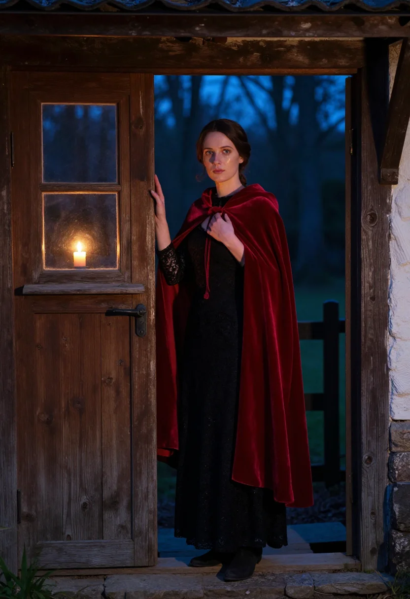 AI red riding hood sample — portrait of a woman, portrait from mid-chest up of a Western