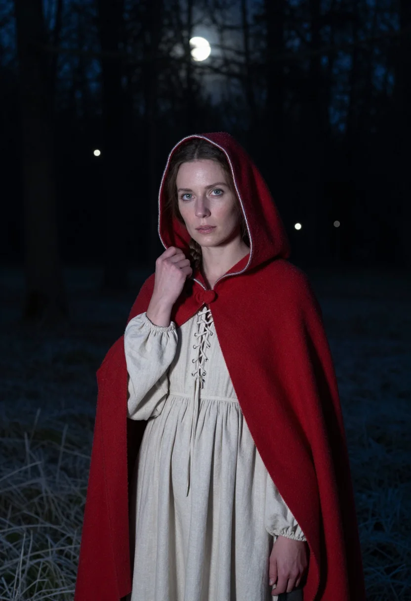 AI red riding hood sample — portrait of a woman, close portrait from the shoulders up of
