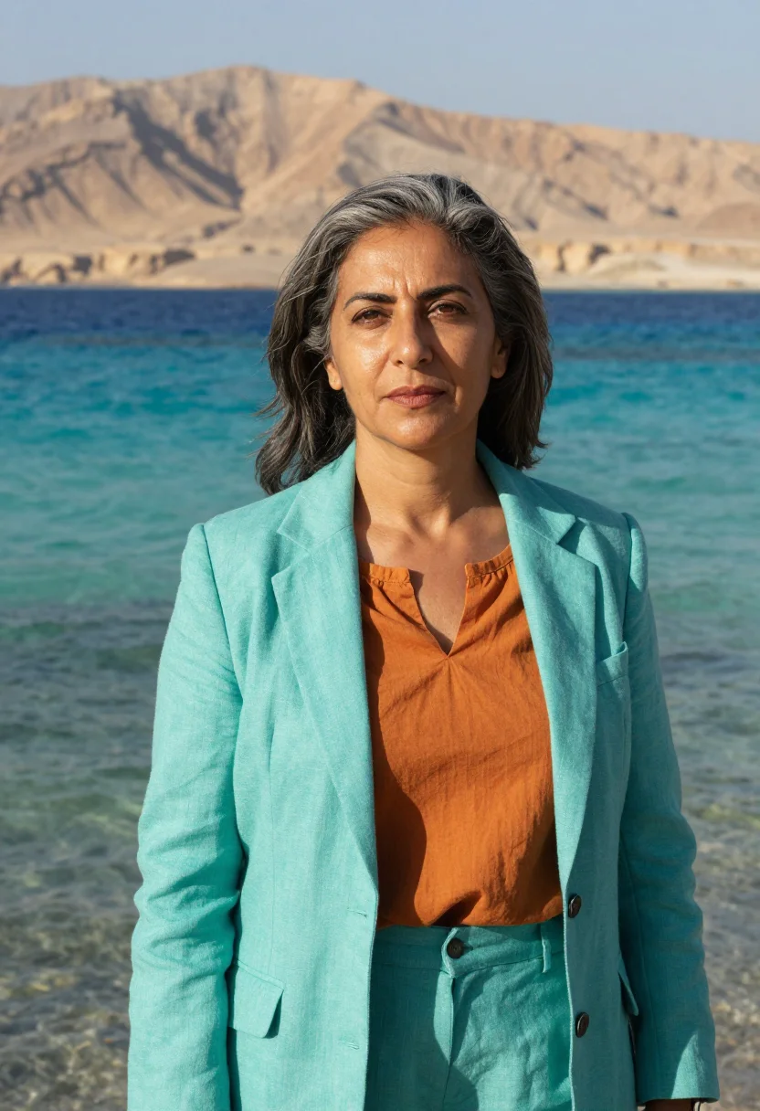 AI red sea marine biologist coral reef turquoise sample — portrait of a woman, an Egyptian marine biologist in her ear