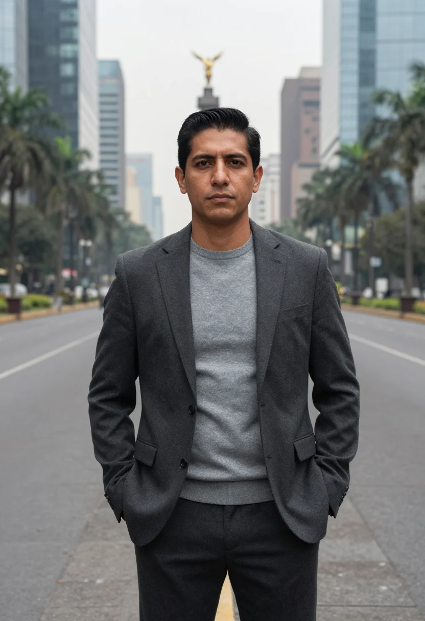 AI reforma banker glass grey sample — portrait of a man, a Mexican banker in his mid-forties with