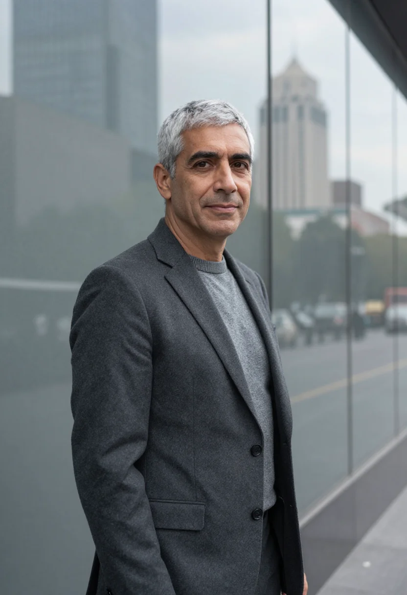AI reforma banker glass grey sample — portrait of a man, a Spanish banker in his early fifties wit