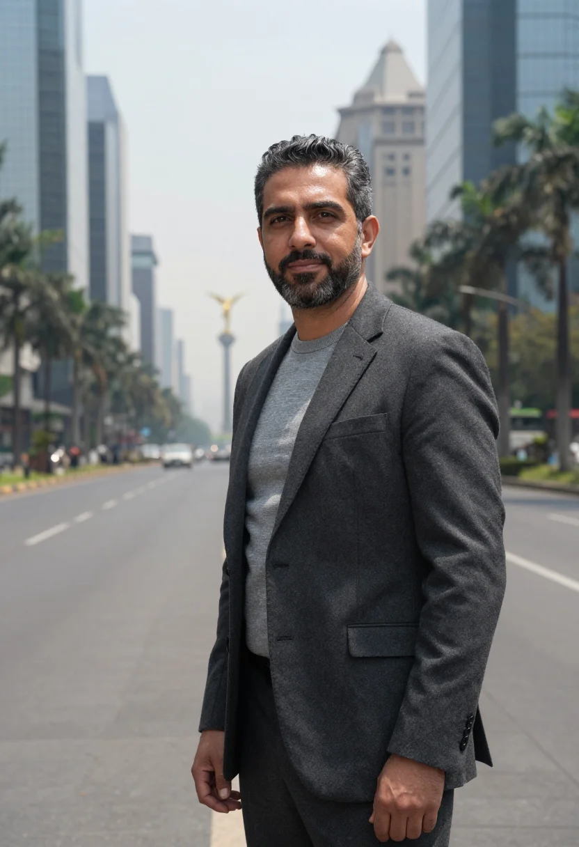 AI reforma banker glass grey sample — portrait of a man, a Lebanese-Mexican banker in his late for