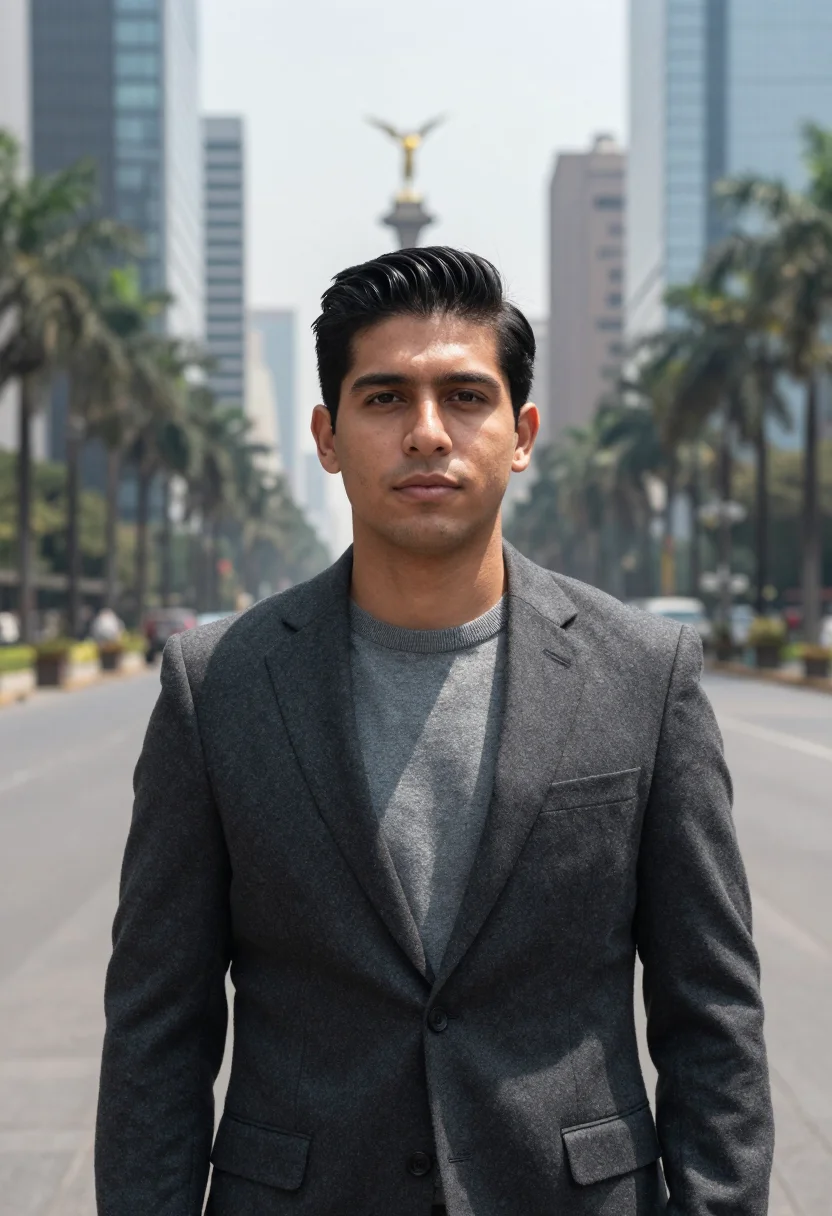 AI reforma banker glass grey sample — portrait of a man, a Mexican banker in his early thirties wi