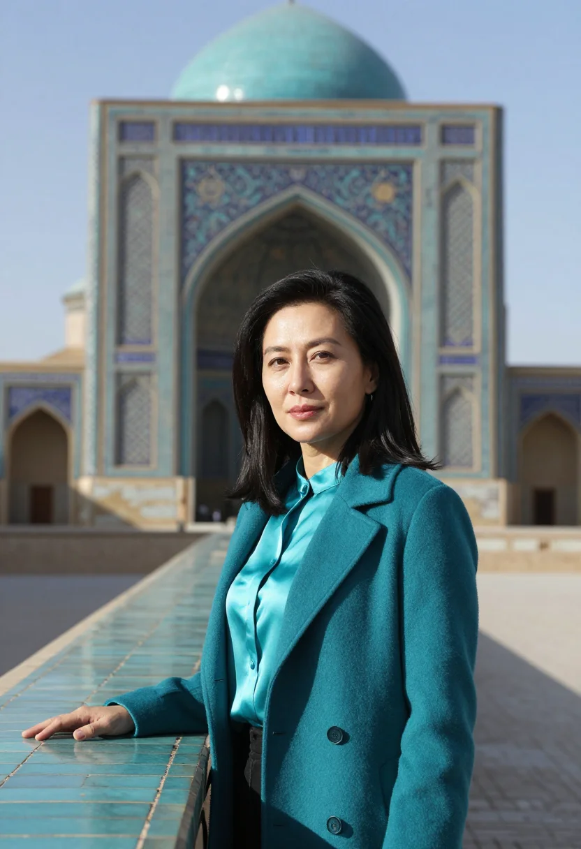 AI registan architect turquoise majolica sample — portrait of a woman, a Korean-Uzbek architect in her early f